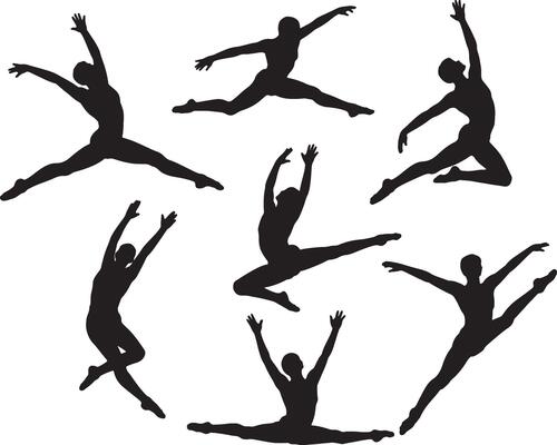 Six silhouettes of dancers leaping and posing