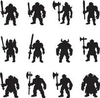 Twelve orc silhouettes with various weapons vector
