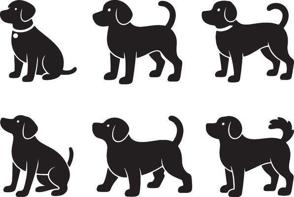 Six silhouettes of adorable dogs in various poses