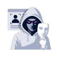 The scammer is holding a mask. Identity theft through digital impersonation and stolen profiles. Cybercriminal hides behind fake mask to exploit user information. Online fraud targets personal data vector