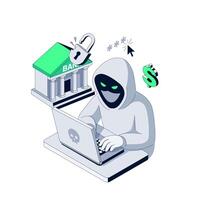 Hacker breaks into Bank data. Isometric illustration. Cybercriminal hacks online banking system and steals credentials vector