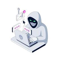 Scammer is sitting at his laptop. The letter is hooked. Isometric illustration. Phishing attack tricks users with fake email messages. Hacker uses bait link vector