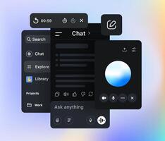 Generative Artificial Intelligence Chatbot in mobile phone. AI interface. Voice Assistant and Chat options. Dark mode dashboard shows navigation, search, and audio controls. illustration vector