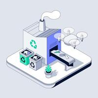 AI powered recycling plant processes plastic and paper waste. Smart drones assist automated sorting and material handling. Eco technology transforms garbage into sustainable resources vector