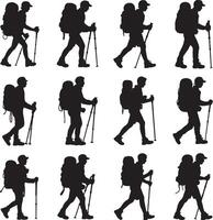 silhouettes of people with backpacks walking on a white background vector