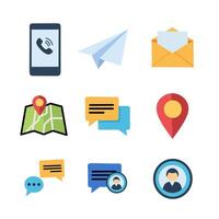 modern flatstyle icon set featuring communication and navigation elements, including a phone, paper plane, envelope, map, location pin, message bubbles, and user avatars. Ideal for UI UX design vector