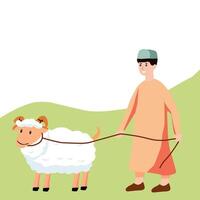 Flat illustration of a man with a sheep, symbolizing Eid al-Adha sacrifice and celebration, with optional text or Islamic elements vector