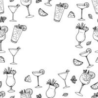 Cocktail illustration border pattern frame line art drinks for party or bar vector
