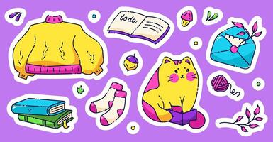A set of glider stickers on a fall theme. Includes a cute cat, sweater, wool socks, peanut, books, ball of thread, envelope with a sprig. Painted in neon bright colors. vector