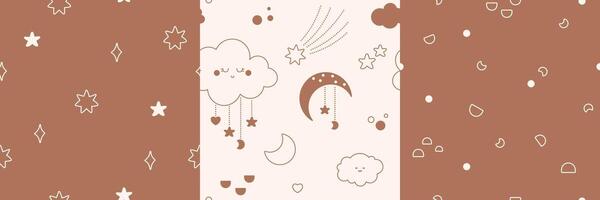 A set of four minimalistic children's patterns.. The repeated images contains colored elements, twigs, raindrops, rainbows and different shapes. vector