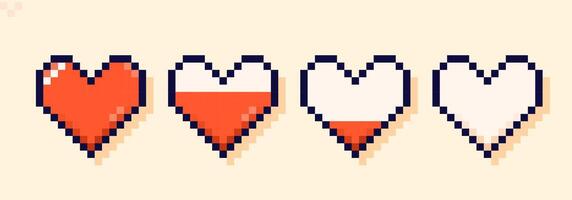 Energy lives line bar in hearts form drawn in pixel art 8 bit style. vector