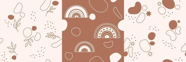 Set of three seamless children's patterns with rainbows, brunches and leaves, stars and abstract spots drawn in Boho colors. vector