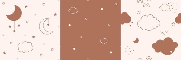 Boho baby seamless patterns. Gender neutral color repeating pictures with kawaii clouds and leaves rainbows moon hearts. vector
