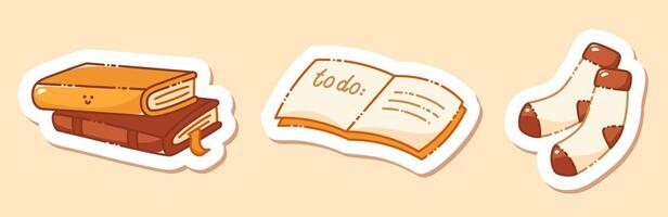 Four autumn stickers painted in warm fall colors. Stack of books, diary, wool socks. vector