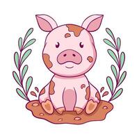 Cartoon pig is sitting in the mud. The pig is dirty and has a cute expression. The scene is playful and lighthearted vector