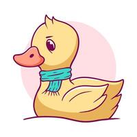 Cartoon duck wearing a scarf. The duck is looking at the camera with a frown. The scarf is blue and is wrapped around the duck's neck vector