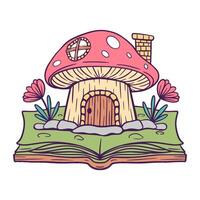 Cartoon drawing of a mushroom house with a door and a window. The house is on top of a book, and there are flowers in the background. Scene is whimsical and playful vector
