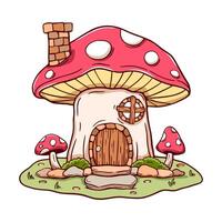 Cartoon drawing of a mushroom house with a door and a window. The house has a chimney vector