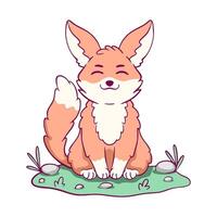 Cartoon fox is sitting on the grass. The fox is smiling and he is happy vector