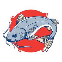 Cartoon drawing of a fish with a red background. The fish is looking at the camera with a menacing expression vector