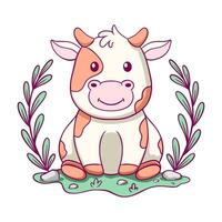 Cute cartoon cow is sitting in a field of grass. The cow is smiling and he is enjoying its surroundings vector