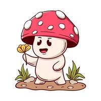 Cartoon mushroom holding a flower. The mushroom is smiling and he is happy. vector