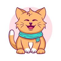 Cartoon cat is sitting on a pink background with a blue scarf around its neck. The cat is smiling and he is happy vector