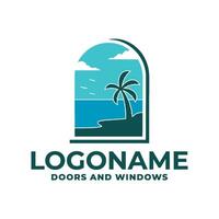 Logo for a company that specializes in doors and windows. The logo features a blue and white design with a palm tree and a window vector