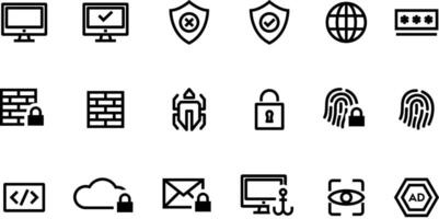 Cybersecurity Icons Pack Firewall, Fingerprint, Encryption, Cloud Security, Malware, Lock, and Phishing Symbols vector