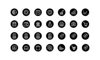 Minimalist business and finance icon set in flat black circle style. Includes symbols of economy, investment, currency, and office tools. Perfect for web design UI UX, presentations, and infographics. vector