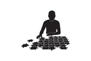 Puzzle Solving Silhouette Illustration Concept - Modern Jigsaw Puzzle Solver Scene vector