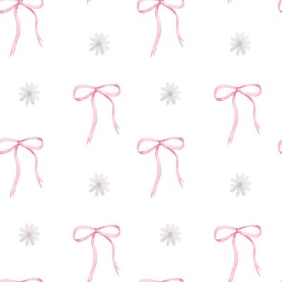 cute pink bows and daisy flower watercolor pattern. bow ribbon hand painted watercolor seamless pattern. design for fabric, textile, wrapping paper, cards, presents, and prints