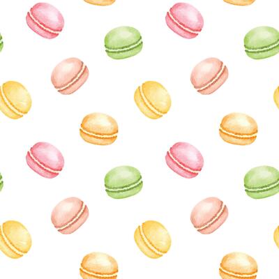 pastel watercolor macaroons seamless pattern design on white background