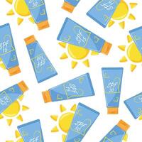 seamless pattern with icons of classic vertical tube of sunscreen and sun on the side, for summer designs vector