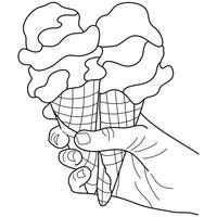 simple ice cream icon, namely two cones in a waffle cup held by one hand in line art style vector