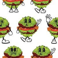 pattern of burger characters with fried patties, bacon and lettuce instead of a bun with various funny faces, Kawaii-style anthropomorphic food vector