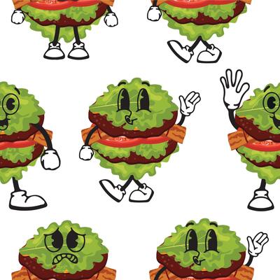 pattern of burger characters with fried patties, bacon and lettuce instead of a bun with various funny faces, Kawaii-style anthropomorphic food