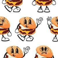 pattern of burger characters with fried patties and melted cheese, egg with various funny faces, Kawaii-style anthropomorphic food vector