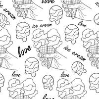 seamless pattern with ice cream icons, namely two cones in a waffle cup held by one hand in line art style, for packaging or textiles vector