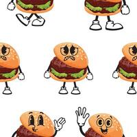 pattern of burger characters with fried patties and pickled onions with various funny faces, Kawaii-style anthropomorphic food vector