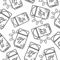 seamless pattern with icons of sunscreen stick in the shape of a deodorant for sun protection and a sun on the side in line art style, for summer designs vector