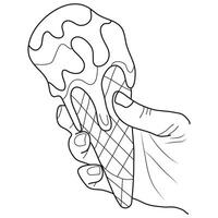 simple icon of a scoop of melting ice cream in a waffle cone held in a hand in line art style vector
