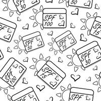 seamless pattern with icons of compact rectangular jars with sunscreen and a sun on the side in line art style, for summer designs vector