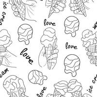 seamless pattern with an icon of melting ice cream in a waffle cup flowing down your hands, in line art style vector