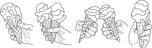 set of icons of human hands holding various ice cream in a waffle cup, in line art style vector