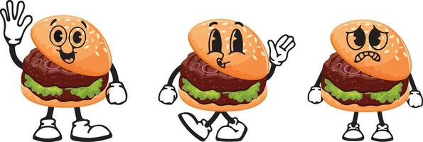 set of burger characters with fried patties and pickled onions with various funny faces, Kawaii-style anthropomorphic food vector