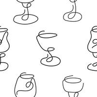 pattern of various icons with glasses for various drinks drawn with several lines in line art style vector