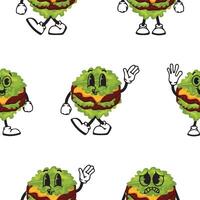 pattern of burger characters with fried patties, cheese and lettuce instead of a bun with various funny faces, Kawaii-style anthropomorphic food vector