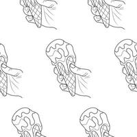 pattern with an icon of a scoop of melting ice cream in a waffle cone held in a hand in line art style vector