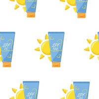 pattern with icons of a classic vertical tube of sunscreen with a sun on the side, for summer designs vector